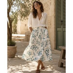 Floral White Midi Skirt with Green & Blue Botanical Print